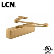 Lcn Door Closer 4040XP hold open cushion stop in plated satin brass, clear coated finish LCN-4040XP-HCUSH-633